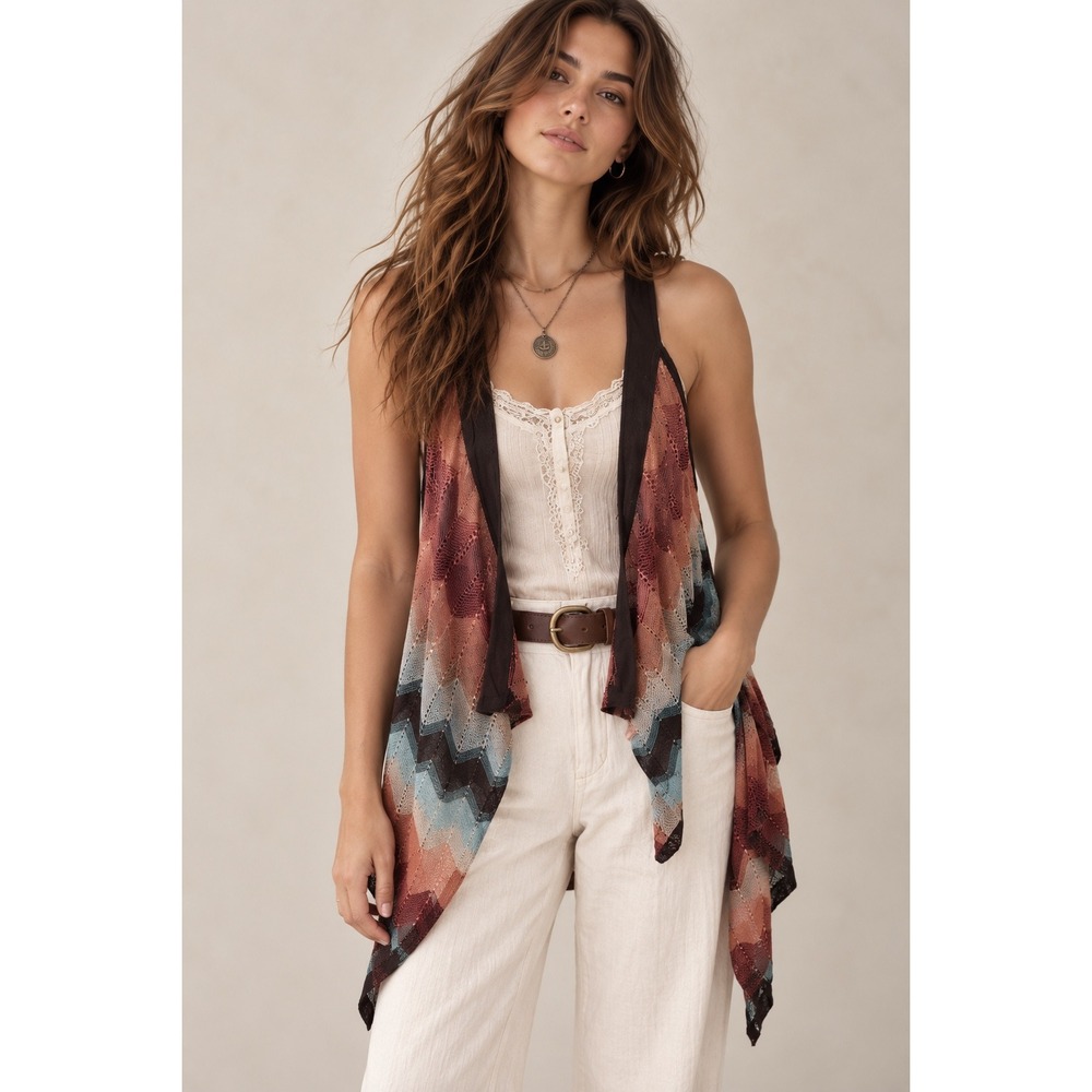 Windsor Womens Y2K Brown Multi Chevron Open Front Knit Vest Small
